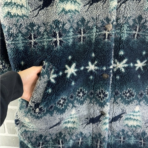 VTG LL Bean Men’s Pile Fleece Hooded Parka Reindeer Fair Isle USA Size L/XL - Picture 4 of 6